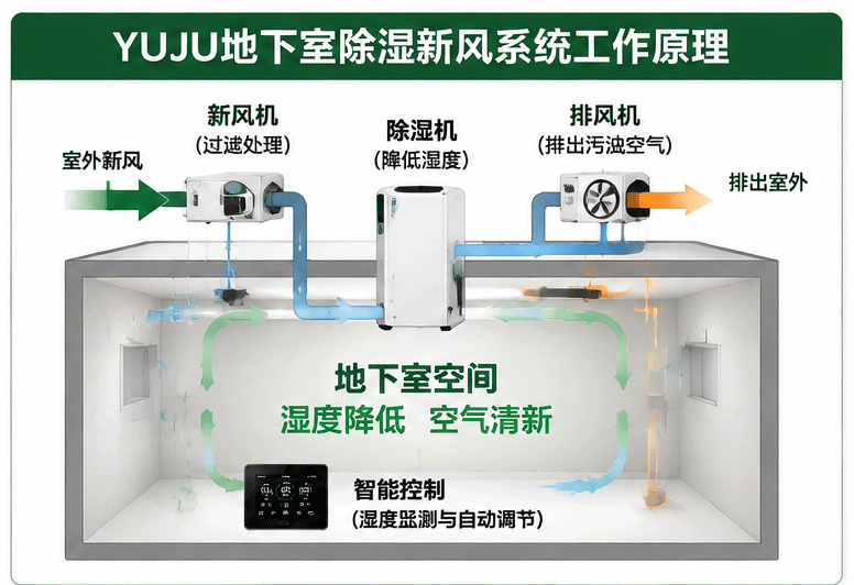 YUJU地下室除湿新风系统工作原理