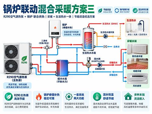 R290空气源热泵锅炉联动采暖和生活热水综合系统