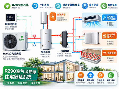 R290空气源热泵可根据住宅需求连接地暖、暖气片、风机盘管、生活热水及辅助热源。